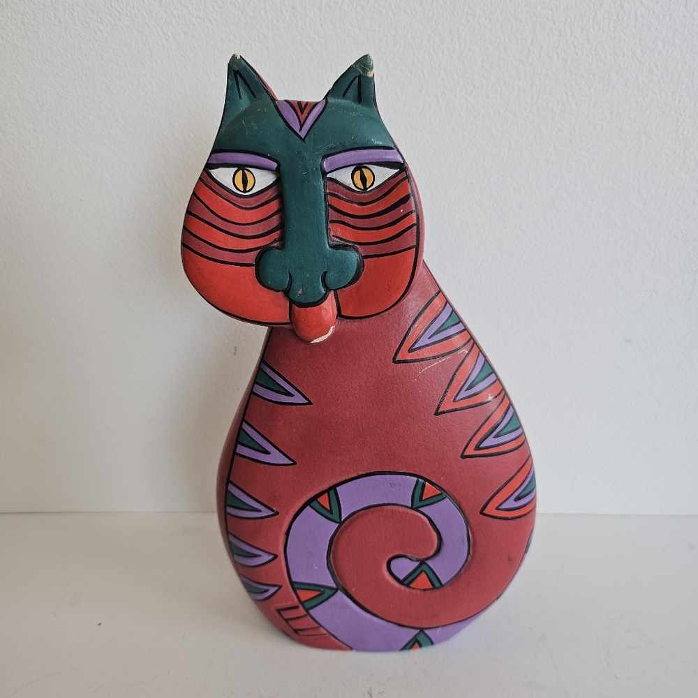 Laurel Burch Carved Wood Cat sculpture Hand Painted Folk Art Whimsical 8" Marked